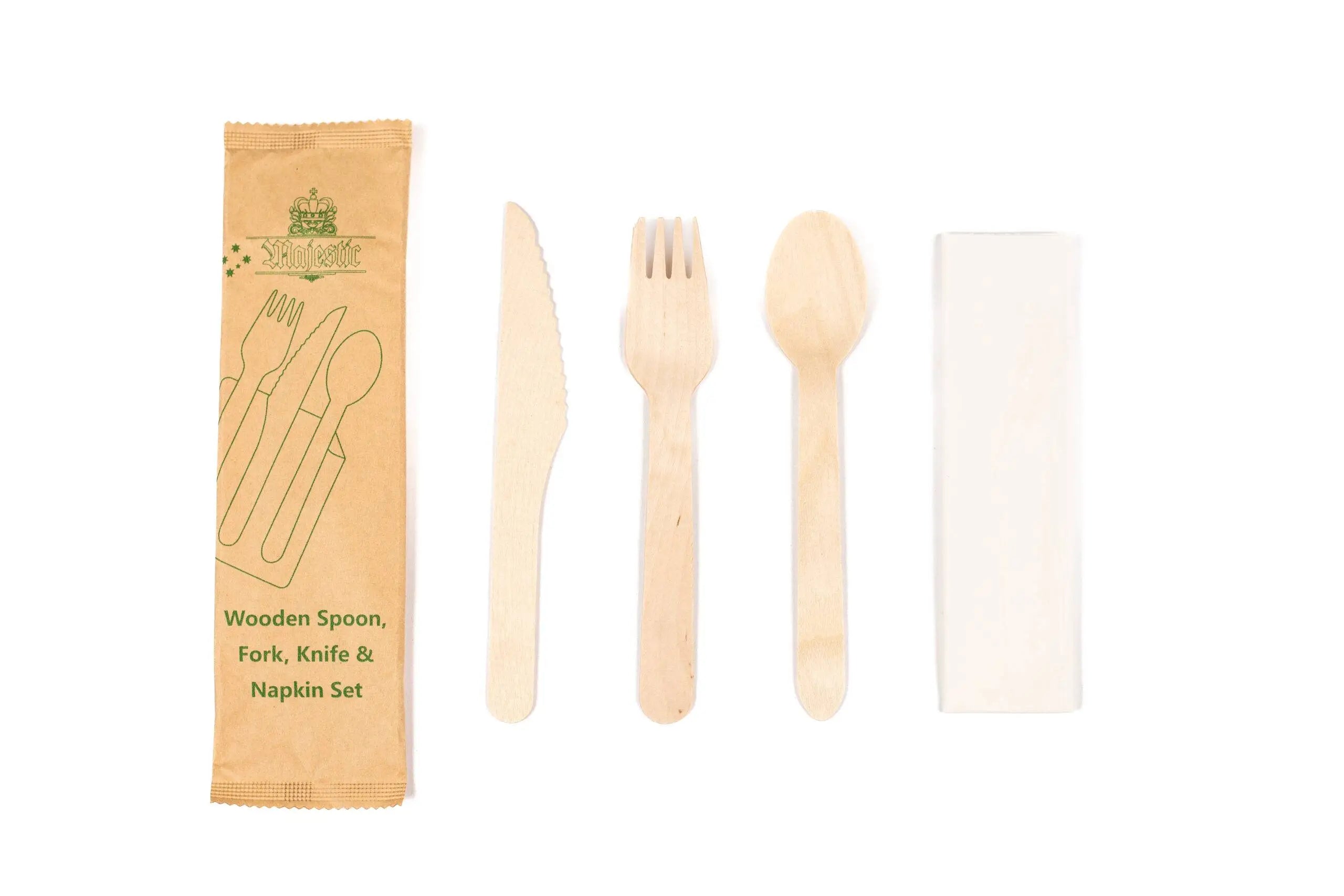 Houten bestekset 4/1 mes + vork + lepel + servet ( 500 stks )